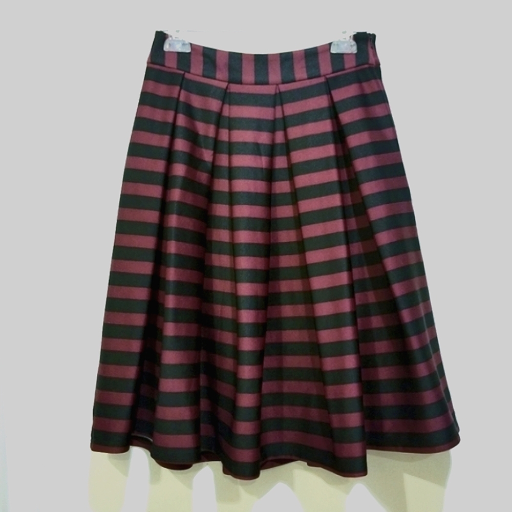 Faith And Joy Maroon Black Pleated Stripe Aline Skirt Size Small Retro Flare